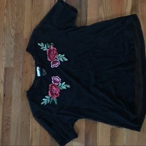 Black mesh shirt with rose embroidery